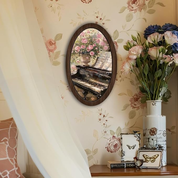 UYIKG Vintage Wall Art Oval Framed,Oil Painting Art Floral Piano Wooden Framed Decor,Farmhouse Oval Wall Decor for Theme Room Home Bedroom Living Room Home Office 9x14.6 in