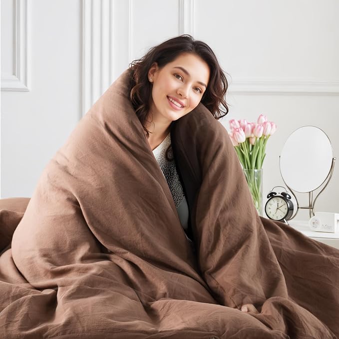 NEXHOME PRO Duvet Cover Set 100% Washed Cotton California King 104"x98", Organic Natural Linen Look Textured 3 Pieces Bedding Set Mocha Brown with Zipper Closure,Soft(No Comforter)