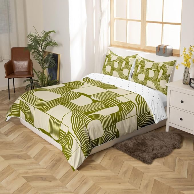 Erosebridal Boho Ethnic Boys Duvet Cover Queen Size Geometric Stripes Bedding Set 3 Piece Light Olive Green Bohemian Striped Comforter Cover Modern Simple Aesthetics Bed Sets for Kids Teens Adult Men