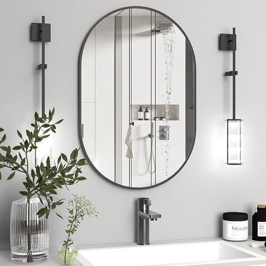 Oval Bathroom Mirror Capsule Wall Vanity Mirror, 24"x36" Pill Mirrors Wall Mounted Mirror, Large Modern Mirror with Black Metal Frame, Decor for Entryway, Bedroom, Living Room