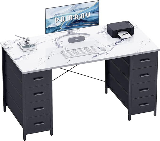 Pamray 47 Inch Computer Desk with 8 Fabric Drawers PC Gaming Desk Home Office Study Work Writing Table for Bedroom Marble