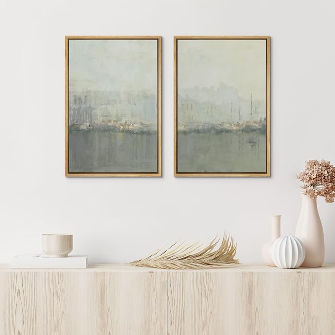 IDEA4WALL Framed Canvas Print Wall Art Set Abstract Skyline Cityscape Art in Muted Gray and Soft Blue Tones Illustrations Modern Art Decorative Coastal Cottage Seascape for Bedroom - 24"x36"x2 NATURAL