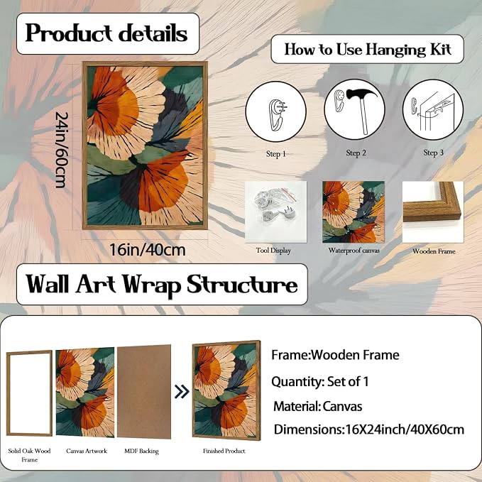 Framed Abstract Floral Wall Art, Boho Vintage Flower Pictures Wall Decor, Mid Century Modern Botanical Paintings Canvas Prints for Living Room Bedroom Office 16x24 inch