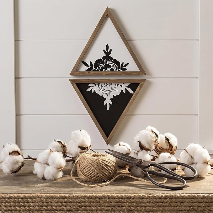 flangairy Floral Wall Decor Wooden Botanical Wall Art Framed Boho Wood Geometric Triangles Black White Bedroom Bathroom Room Home Decorations