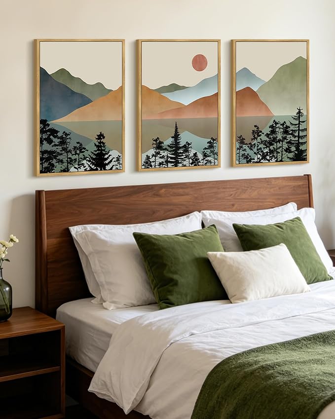 KUVIOKE Watercolor Mountain Framed Wall Art Nature Laker Landscape Painting Sun Rises Boho Farmhouse Rustic Room Decor 16x24in (Natural Framed)