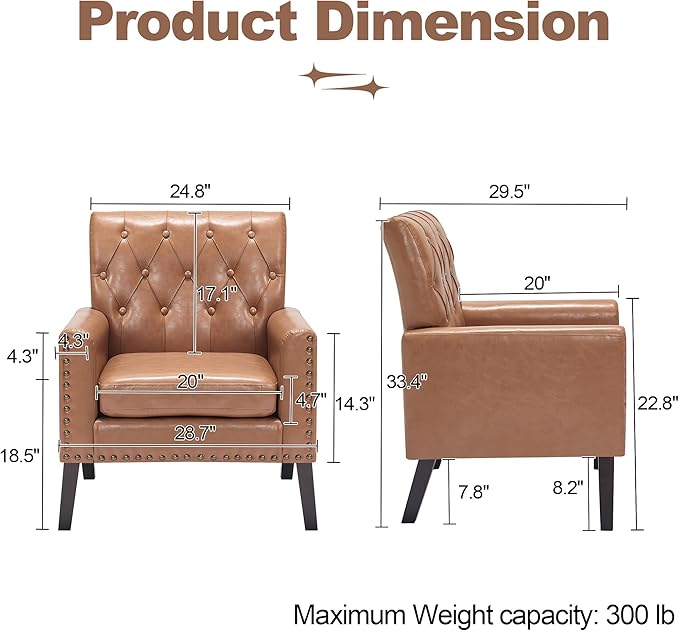 Mid Century Modern Accent Chair, Light Brown Faux Leather Office Chair for Reception - Tufted Leather Club Chair for Living Room, Bedroom, or Waiting Room