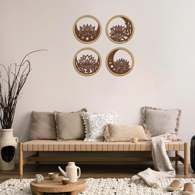 TOARTi 4PCS Buddha Brown Lotus Wooden Wall Art Vintage Mandala Lotus Wall Decor for Living Room Office Bathroom Artwork Indian Mandala Flower Hanging Plaque Abstract Mandala Wood Sign for Yoga Room