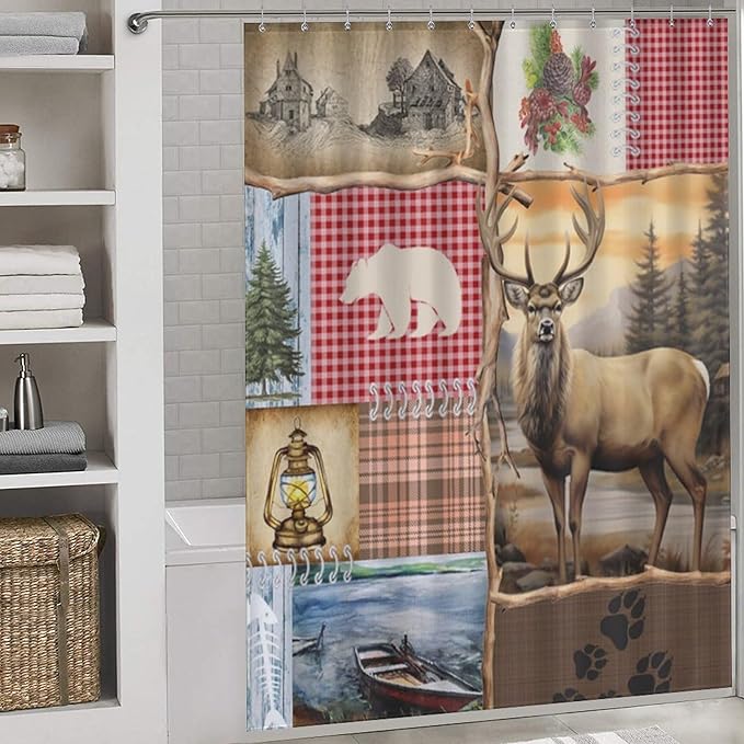 Retro Bear Rustic Shower Curtain, Farmhouse Country Antique Moose Bear Forest Vintage Wood Hunting Camping Waterproof Shower Curtains for Bathroom Decor 12 Pack Hooks 66x72in（168x183cm）