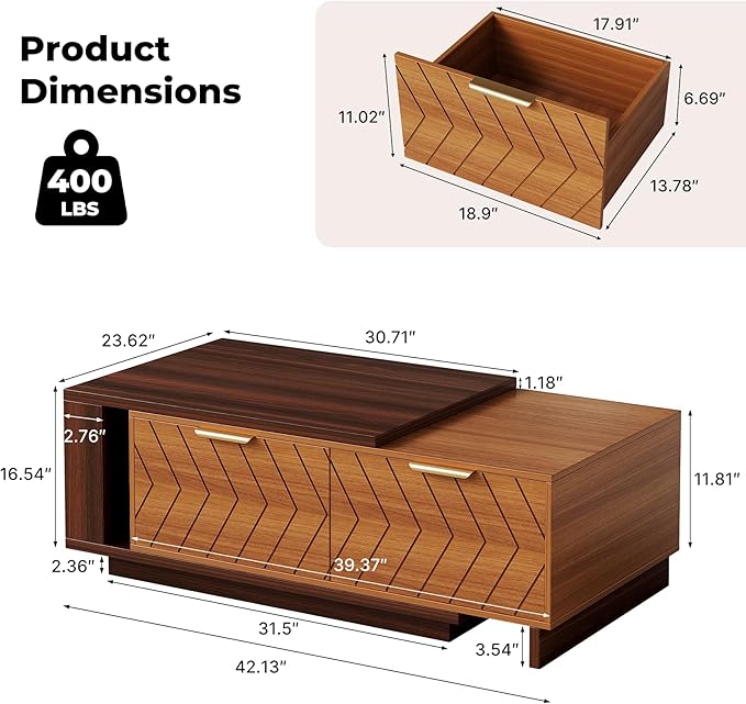 42"- 65" Extendable Coffee Table with Storage, Reversible Wood Coffee Table with 2 Drawers, Two-Tone Large Adjustable Coffee Tables for Living Room, Office (Dark Walnut)