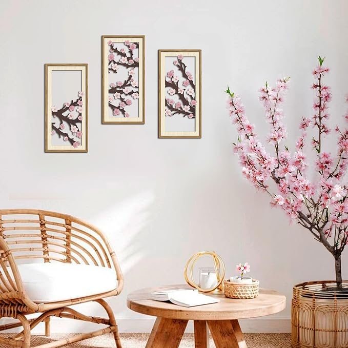 IARTTOP Cherry Blossom Wall Art Framed Set of 3 Pink Flower Wood Wall Decor Japanese Sakura Tree Artwork Neutral Botanical Art Prints Floral Minimalist Decor for Farmhouse Living Room Bedroom 8 x16 Inch