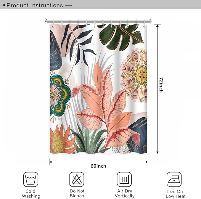 Abstract Mid Century Bathroom Shower Curtain - Colorful Boho Tropical Leaves With Hooks, Polyester Waterproof Fabric, Home Bathtub Decorative, 60x72 Inch