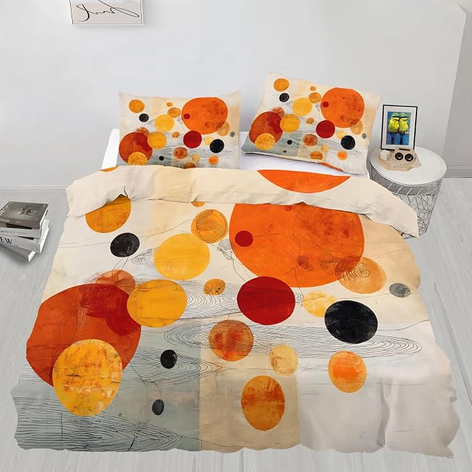 Vintage Mid Century Duvet Cover King Size, Orange Red Yellow Geometric Bedding Set 3 Piece, Watercolor Abstract Geometric Patterned Comforter Cover with Zipper Soft Microfiber, 2 Pillowcases