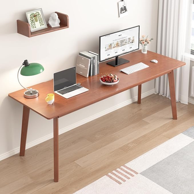 Solid Wood Desk with Large Desktop - 63" Mid Century Modern Executive Desks, Farmhouse Home Office Computer Desks for Two People, Writing Study Table | 2 Person Desk for Any Room-Walnut