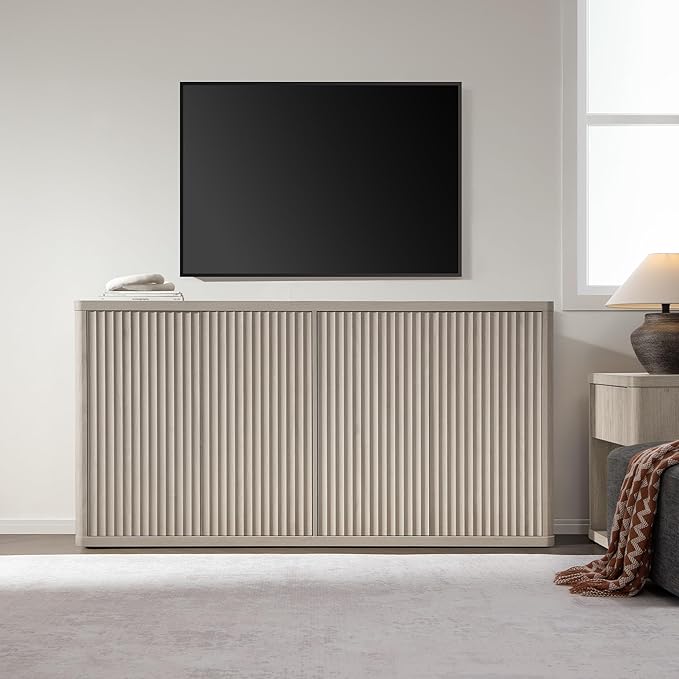 SICOTAS Buffet Cabinet with Storage Accent Sideboard with 8 Doors 132.6" Fluted Credenza Modern Buffet Table Media Console Cabinet Entryway Cabinets for Living Room Kitchen Dining Room Hallway
