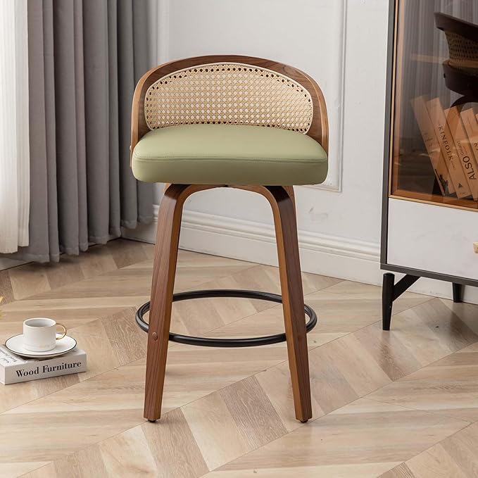 26" Swivel Rattan Bar Stools,Mid-Century Modern Green Leather Upholstered Counter Height Stools,Kitchen Island Barstools with Rattan Low Backrest,Walnut Wood Finish Bar Chair,1PCS