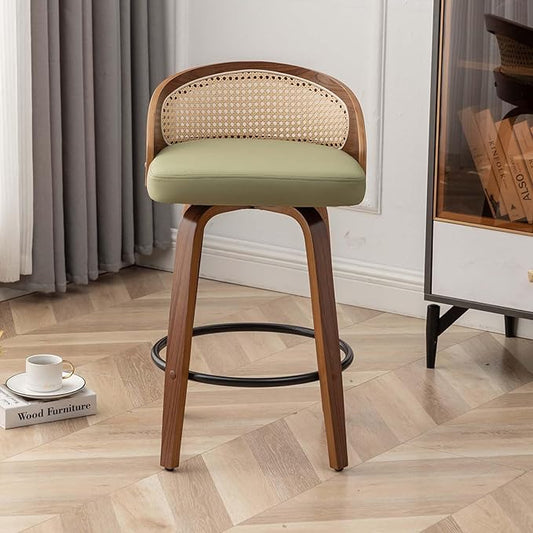 26" Swivel Rattan Bar Stools,Mid-Century Modern Green Leather Upholstered Counter Height Stools,Kitchen Island Barstools with Rattan Low Backrest,Walnut Wood Finish Bar Chair,1PCS