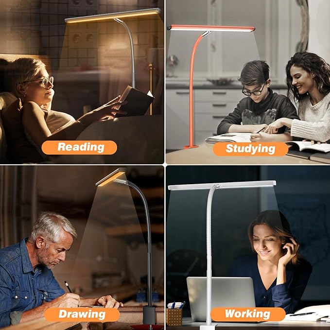 Airlonv LED Desk Lamp for Office Home, Eye-Caring Desk Light with Stepless Dimming Adjustable Flexible Gooseneck, 10W USB Adapter Desk Lamp with Clamp for Reading, Study, Workbench (Orange)