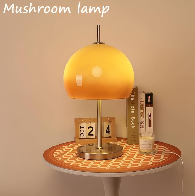 Bofea-Mid Century Modern Glass Table Lamps,Mushroom Desk Lamp with Orange Dome Glass Shade,Chromium Color Mushroom Lamp for Room Aesthetic Modern Lighting for Bedroom/Living Room.