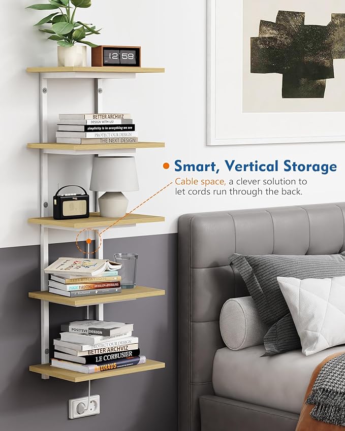 Harwaya White and Natural Tiered Wall Shelf Unit, 5 Tier Display Floating Shelves, Deep Hanging Wall Shelving Unit for Living Room Plants TV, Bedroom Books, Office Décor (White and Natural Wood)