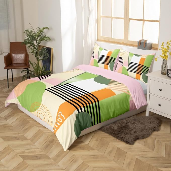 Erosebridal Pink Abstract Queen Comforter Cover for Kids Teens Girls | Colorful Geometric Duvet Cover Minimalist Circle Modern Bed Set Boho Contemporary Aesthetic Bedding Set
