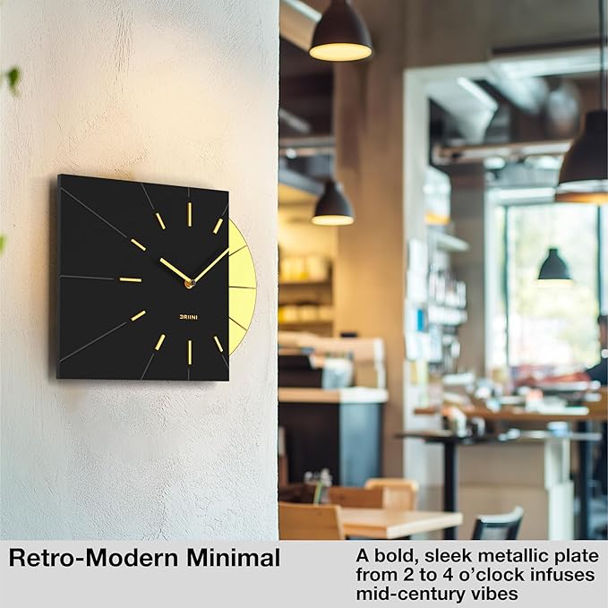 Driini Clocks Mid Century Modern Wall Clock - Square Black Clock with Decorative Gold Accent- Unique and Cool Clock, Battery Operated - MCM Decor & Decorative Wall Clock for Mid Century Modern Decor.