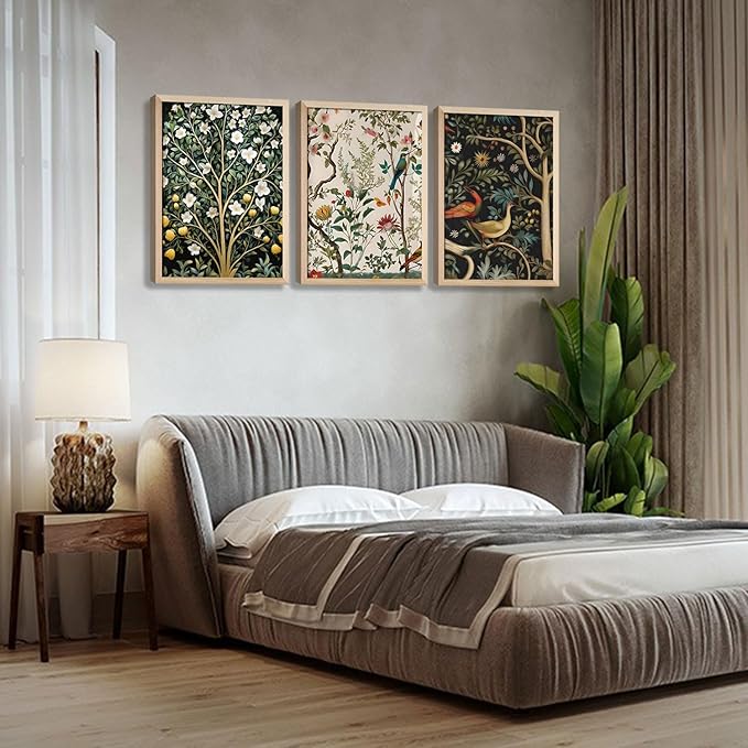 3Pcs Framed Vintage Plant And Bird Wall Art Prints Inspired By Nature Canvas Prints With Wooden Elegant Floral Posters And Wildlife Image Artwork Decor Living Rooms Bedrooms Offices 12x16 Inch