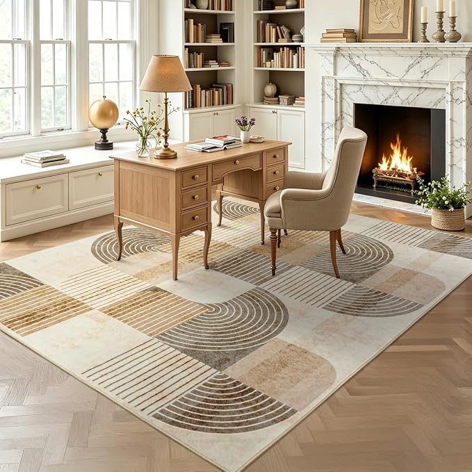Area Rugs 9x12 Living Room-Washable Modern Geometric Neutral Beige Rug for Bedroom, Non-Slip Indoor Floor Abstract Carpet for Dining Room Nursery Office Home Decor