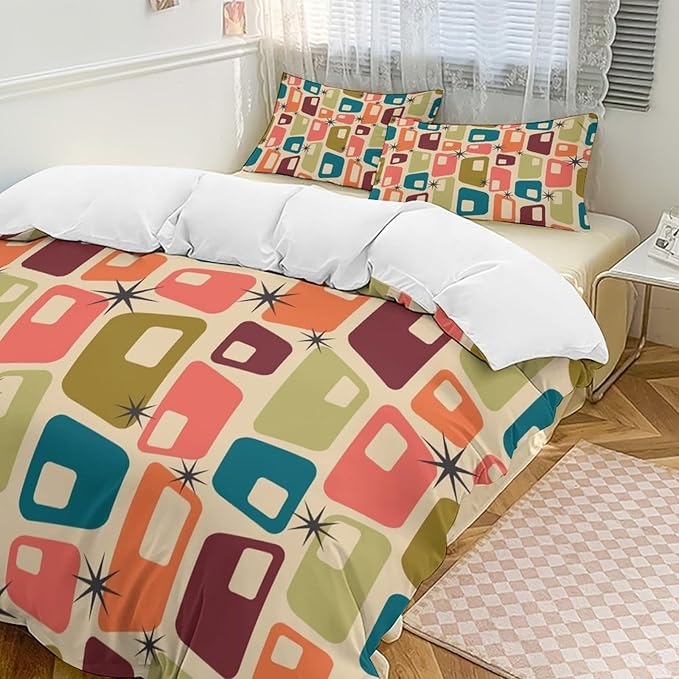 Modern Mid Century Duvet Cover Queen Retro Atomic Bedding Set, Rainbow Grid Comforter Cover Vintage Fifties 1950s Bed Set，Abstract Art Bedding 3 Piece (1 Duvet Cover 79"x90" + 2 Pillow Sham 20"x30")