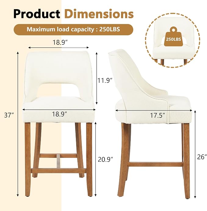 ClinQ Bar Stools Set of 6, 26" H Counter Height Bar Stools with Backs, Modern Upholstered Accent Barstools with H-Shaped Footrest for Kitchen Island, Dining Room and Bar, Beige-Walnut Legs