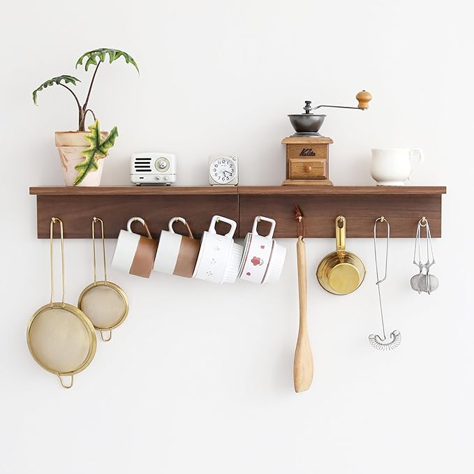 5-Hook Wall Mounted Coat Rack with Storage Shelf - Multi-Functional Key & Jacket Hanger for Entryway, Walnut Finish, Style D-2
