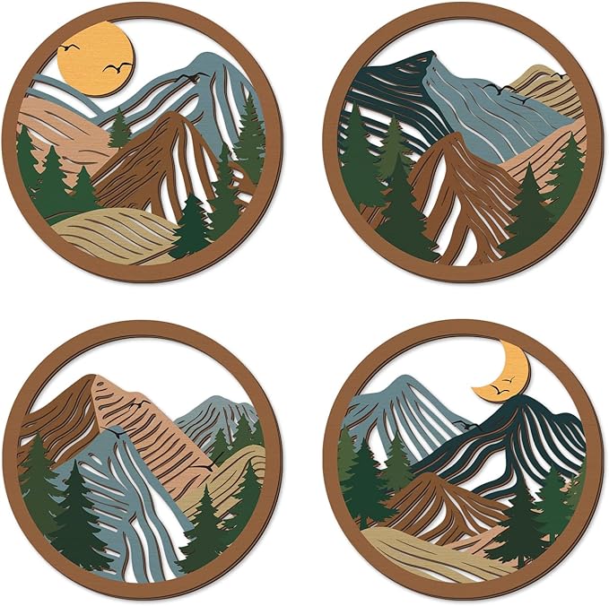 TOARTi 4Pcs Boho Mountain Wooden Wall Art,Abstract Sun Moon Pine Tree Wall Decor,Natural Mountain Landscape Artwork,Minimalist Geometric Forest Hanging Sign for Farmhouse Living Room Bedroom Office