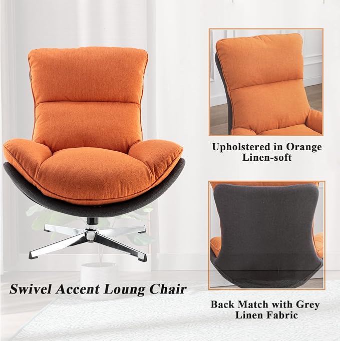 DUOMAY Swivel Accent Chair, Modern Linen Soft Foam Lounge Chair with High Back, Comfy Rocker Chair for Living Room Bedroom Reading Room Office, Tilt & Swivel, Chrome Base, Orange