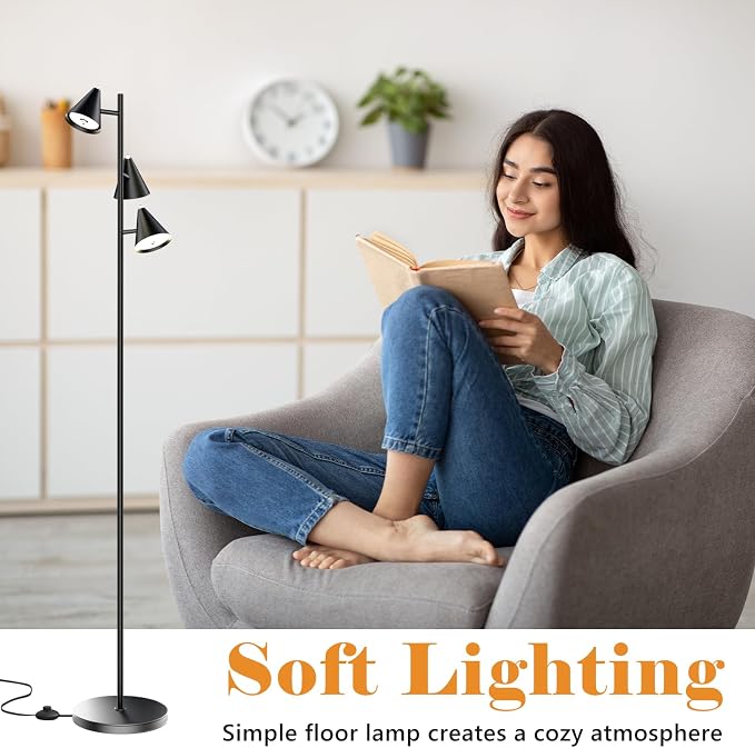 Black Floor Lamp with 3 Rotatable LED Lights，Magnetic Remote，5 Color Temp