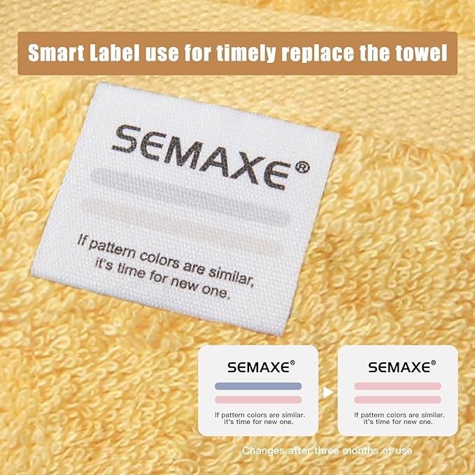 SEMAXE 18-Pack Bath Towel Set Include 6 Bath Towels, 6 Hand Towels, 6 Wash Cloths, 100% Cotton Bathroom Towels with Hanging Loops and Nano-Bio Lifecycle Labels, Soft & Absorbent Towel, Yellow & Grey