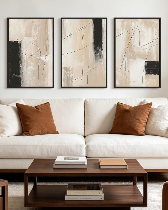 KUVIOKE Abstract Framed Wall Art Minimalist Beige Pastel Watercolor Neutral Wall Decor Modern Black Line Art Painting Home Decor 16x24in (Black Framed)