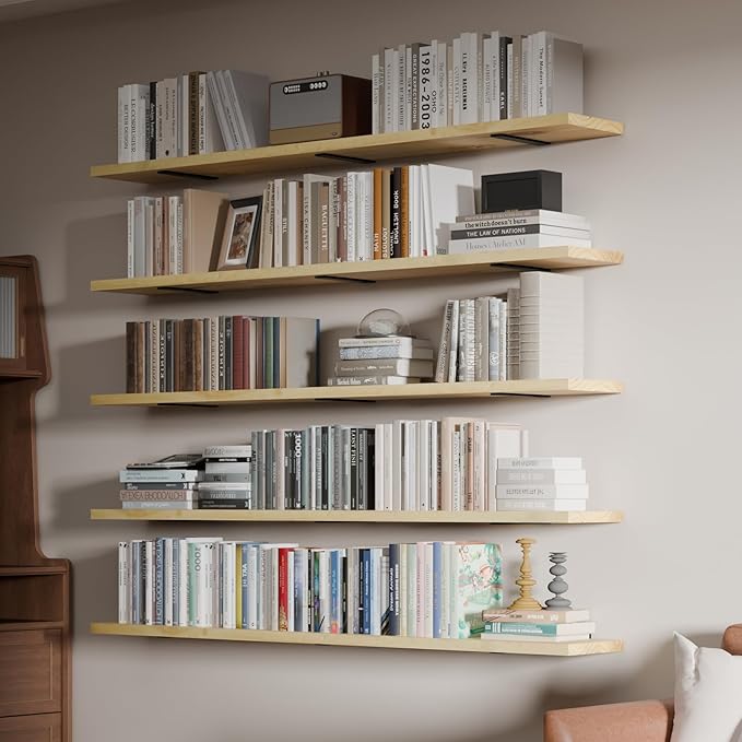 5 Tier Book Shelf,60 inch Long Floating Shelf for Wall,Nature Large Bookcase with Heavy Duty Brackets,Bookshelf for Living Room (Natural, 60 Inch)