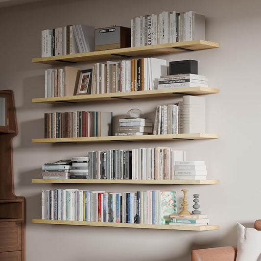 5 Tier Book Shelf,60 inch Long Floating Shelf for Wall,Nature Large Bookcase with Heavy Duty Brackets,Bookshelf for Living Room (Natural, 60 Inch)