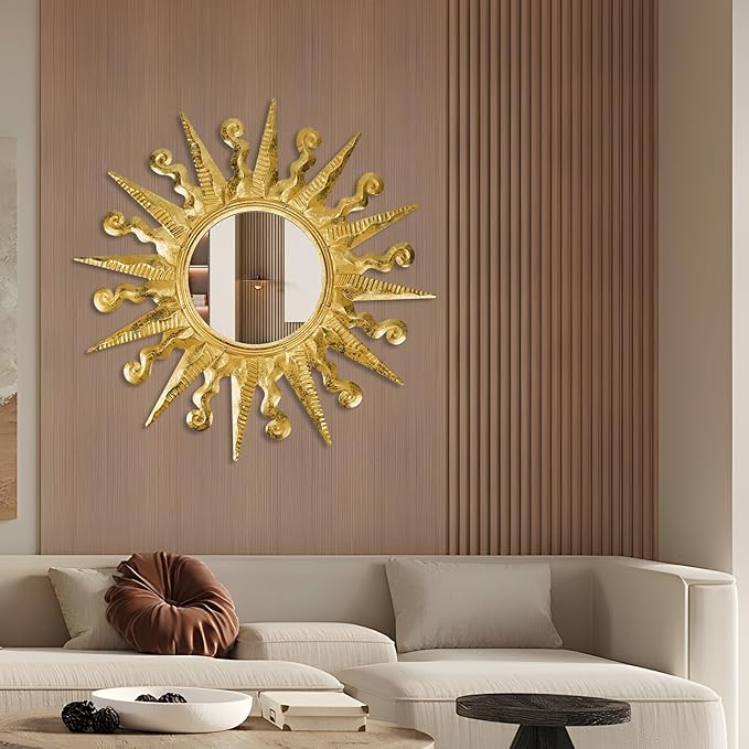 Golden Sun Wall Mirror Decorative 24 inch Metal Frame Mirror Sunburst Boho Mirror for Entryway Bedroom Living Room Bathroom House Warming Gifts New Home Essential