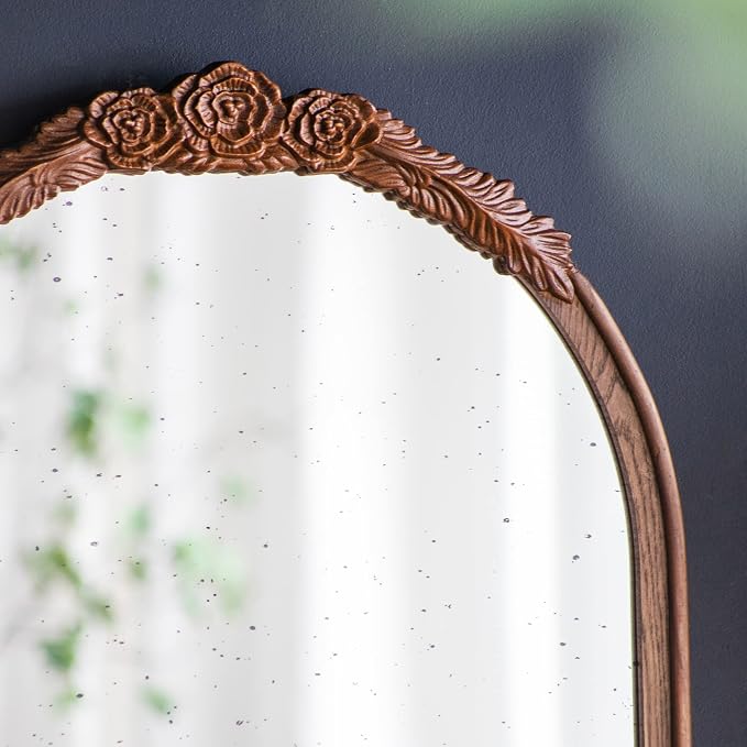 A&B Home Arched Vertical Mirror - Wall Mirror with Hand Carved Rose Antique Mirror Frame, 23" x 42" Arch Mirror for Bathroom Living Room Bedroom Enterway, Dark Brown