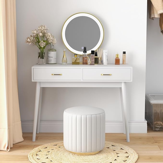 FUNKOCO White Small Desk with Drawers - 40 Inch White Home Office Study Writing Desk for Bedroom, Vanity Desk with 4 Solid Legs, Modern Computer Desk for Small Spaces