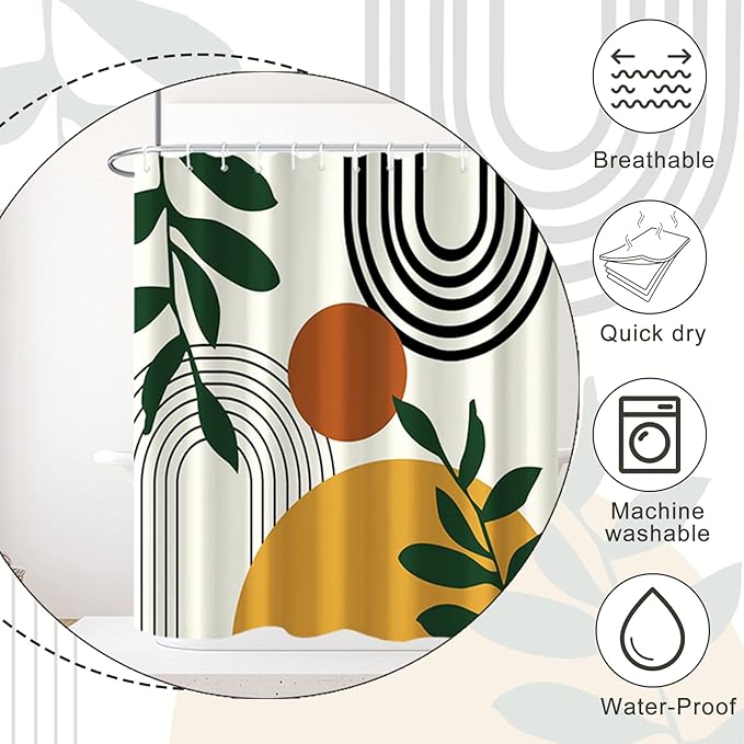 Baocicco Boho Mid Century Shower Curtain Sun Leaves Modern Abstract Geometric Aesthetic Shower Curtains for Bathroom Bathtubs Waterproof Fabric Shower Curtain with Hooks 60x72 Inches