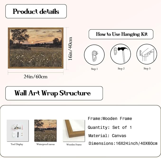 Vintage Farmhouse Wall Art, Rustic Floral Wall Decor Paintings, Twilight Firefly Artwork Painting Field Nature Landscape Canvas Prints for Bedroom Living Room 16x24 inch Wood Framed