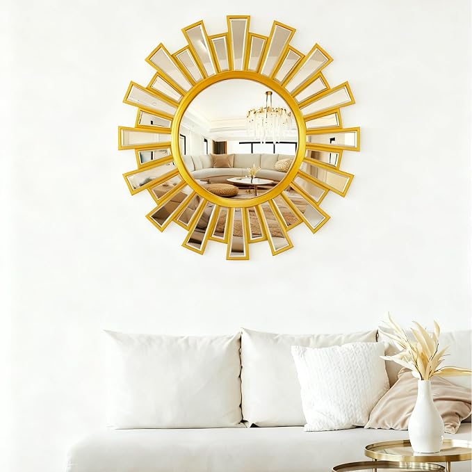 Gold Sunburst Mirrors for Wall Decor,24" Large Sun Mirror,Starburst Mirror for Living Room, Fireplace,Bedroom, Entryway