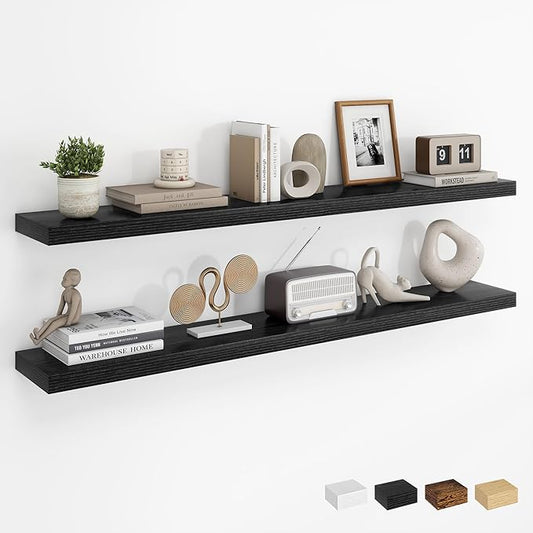 Dreamland 48Inch Floating Shelves for Wall, Rustic Wooden Black Floating Shelves for Living Room, Kitchen, Farmhouse, Deep Wall Mounted Book Shelf, Wood Storage Display Shelf for Home Decor, Set of 2