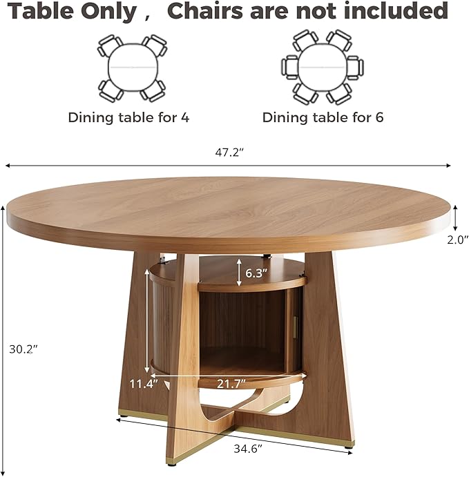 IRONCK 47 Inch Round Dining Table for 4-6 People with Built-in Storage Cabinet, Mid-Century Modern Kitchen Table for Dining Room, Kitchen, Living Room (Natural Wood)