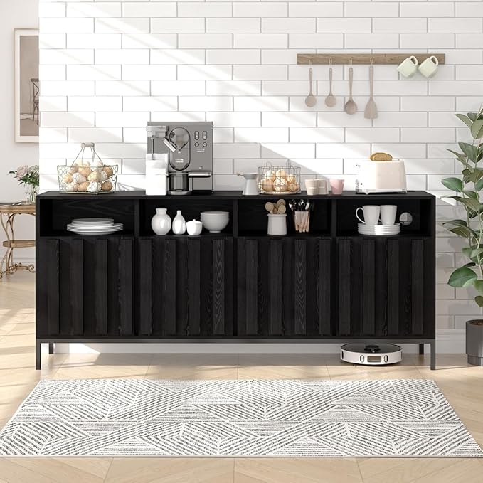 COCO DESIGN 70" Buffet Sideboard Cabinet with Fluted Panel Doors, Large Credenza Console with Power Outlet & Adjustable Shelves, Modern Storage Cabinet for Kitchen & Living Room, Black
