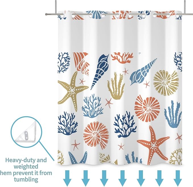 No Hook Nautical Coastal Shower Curtain with Snap in Liner Set Ocean Themed Coral Seashell Starfish Beach Shower Curtains Polyester Fabric Waterproof Bathroom Curtains 71Wx74H