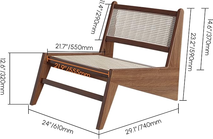homary Mid Century Modern Chairs Set of 2, Japandi Walnut Rattan and Wood Lounge Chairs Armless Accent Chair for Living Room Bedroom Balcony & Patio