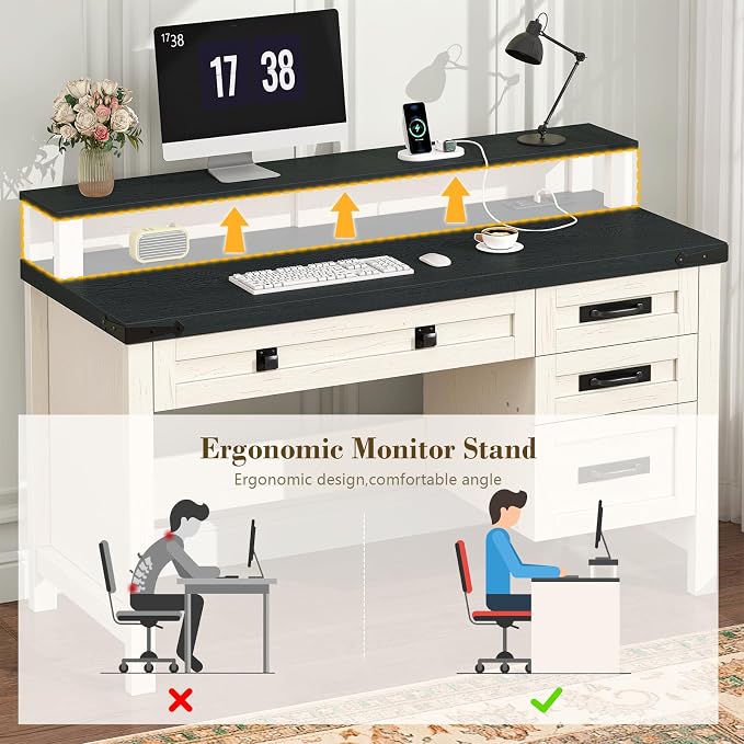 YOMILUVE Farmhouse Computer Desk with Drawers, 47" Small Computer Desk with Power Outlets, Home Office Desk with Monitor Stand & 4 Drawers, Writing Study Table, Black & White