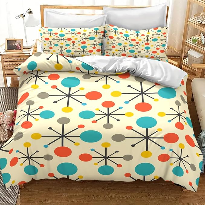 Modern Geometric Bedding Set,1950s 1960s Mid Century Vintage Abstract Atomic Stars Geometric Diamond Pattern Comforter Set with Pillowcase for Bedroom Bed Decor,Queen 90"x90"